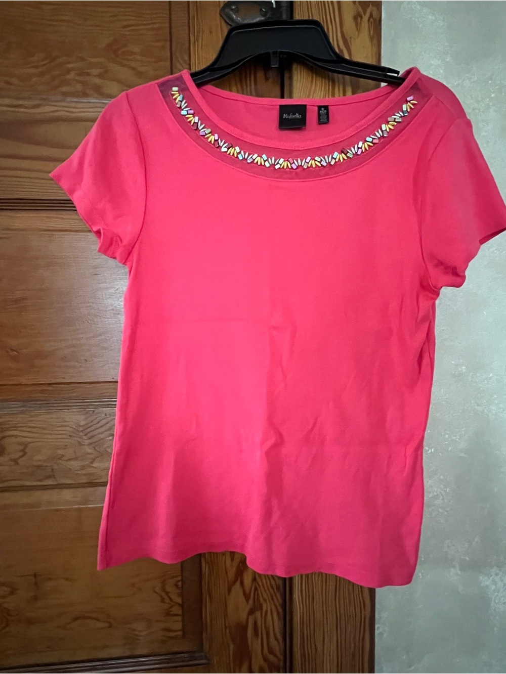 Rafaella Rainbow Twee Jeweled Stretchy Short Sleeve Top Women’s Size S Colorful